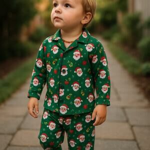 Absorba Boys Pajamas Size 3T Green Red Christmas Santa Button Front Pull On Pant